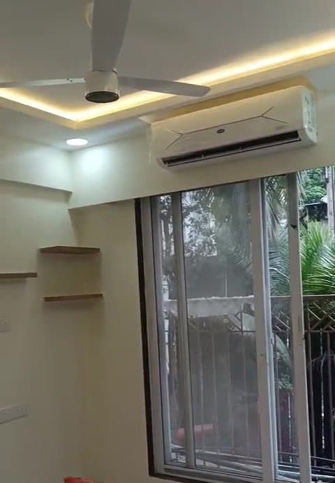 Bedroom false ceiling with cove lighting, ceiling fan point and AC wiring